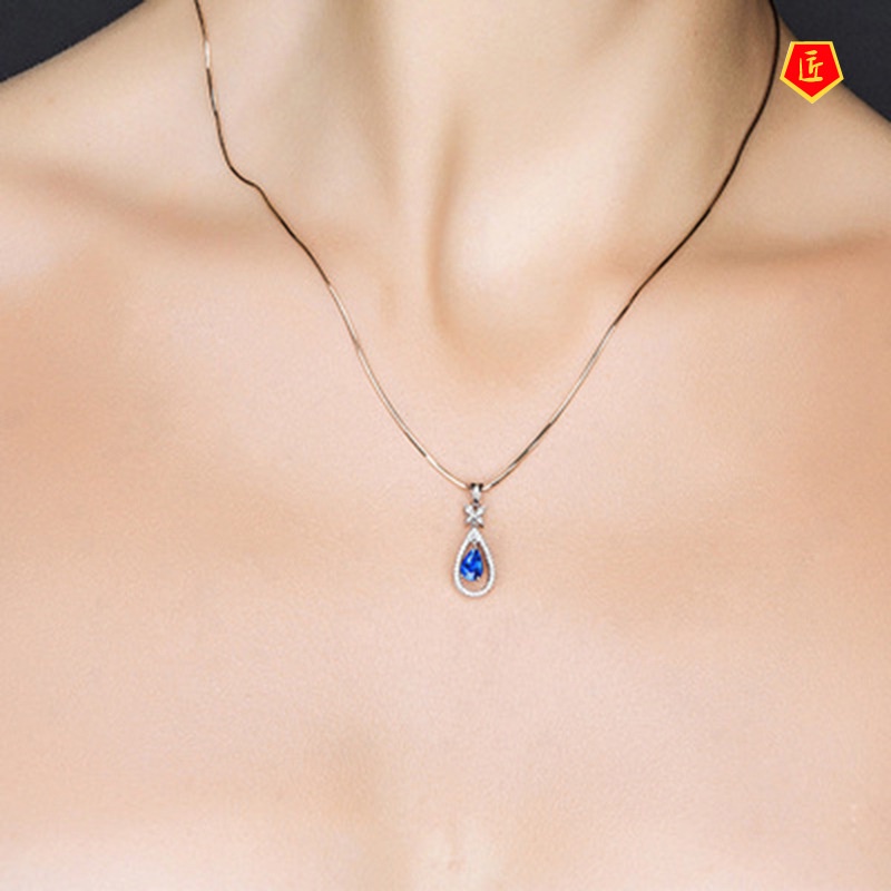 [Ready Stock]Micro Inlaid Zircon Pear-Shaped Sapphire Butterfly Pendant Luxury High-End