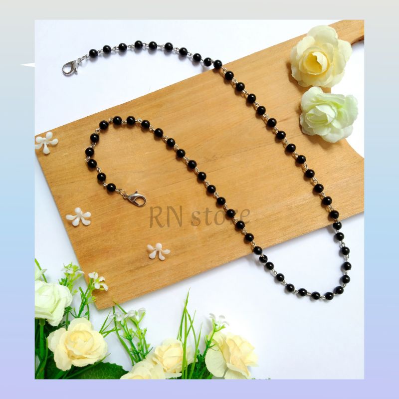 Strap Masker Mutiara Hitam Kombinasi Rantai Hijab / Non Hijab