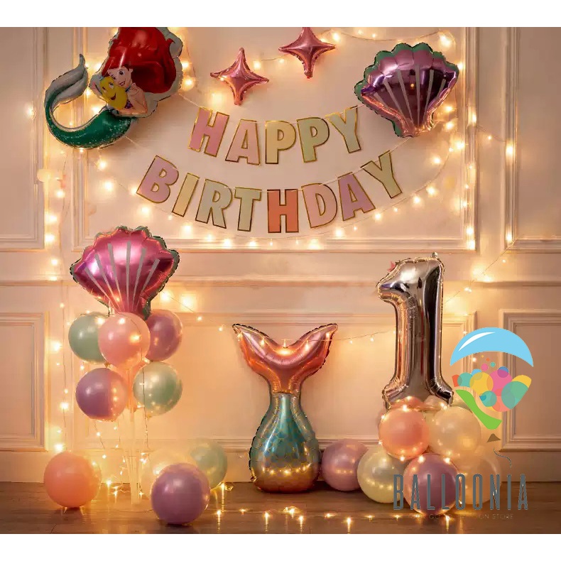 SET LED Balon Foil Happy Birthday Mermaid | Dekorasi Ulang Tahun Ultah Putri Duyung