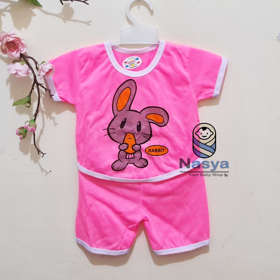 [J-017]  Setelan baju Bayi Perempuan bahan kaos - motif hewan (3-6 bulan)