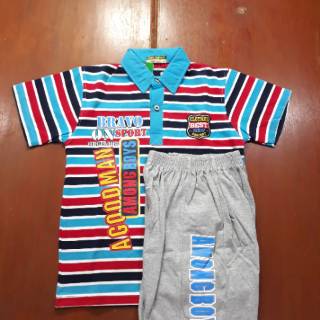  Baju  stelan anak anak katun salur bekerah model terbaru 