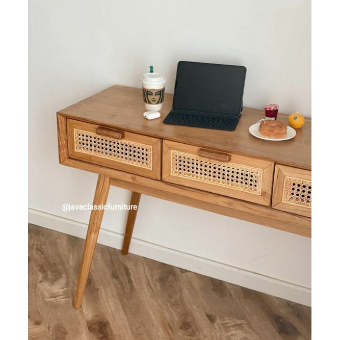 SET MEJA KERJA KANTOR BELAJAR LAPTOP KOMPUTER KAYU JATI KOMBINASI ROTAN PLUS KURSI DUDUK SANTAI RETRO FINISHING NATURAL VINTAGE MURAH BERKUALITAS FURNITURE JEPARA-3