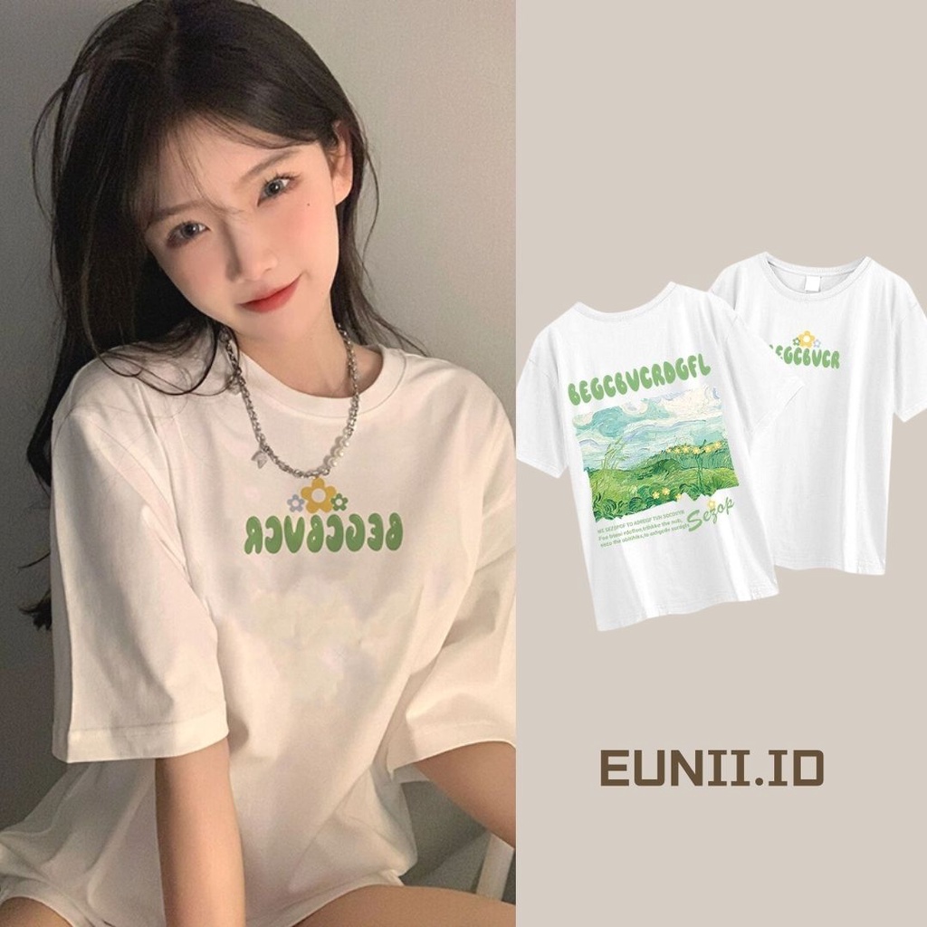 EUNII T-shirt Lengan Pendek Lukisan  Lanskap Cat Minyak Cetak Longgar Korean Style/Kaos Atasan Wanita/Baju Kaus Oversize Wanita