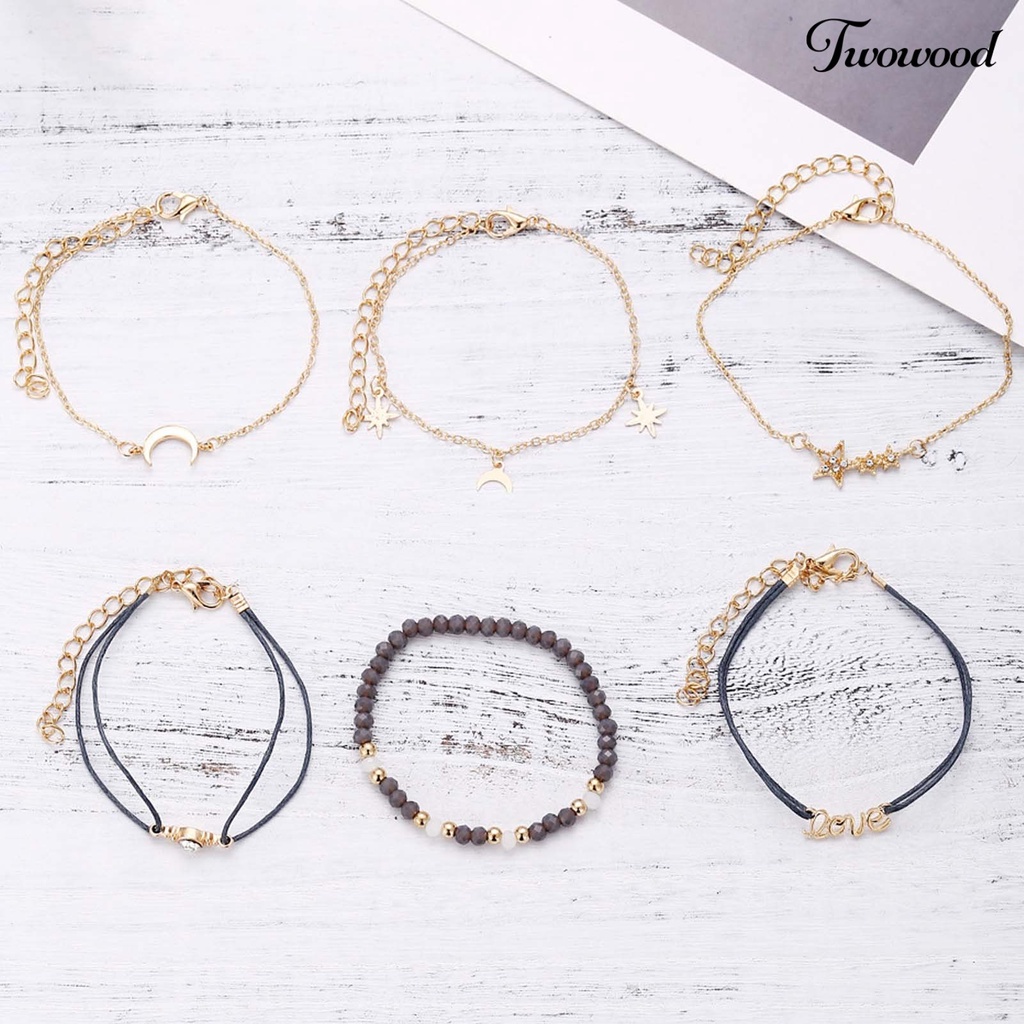 6pcs / Set Gelang Desain Bulan Hati Bahan Alloy Untuk Harian