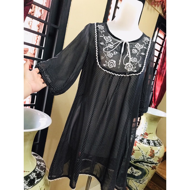 polka vintage tunik hitam premium cantik