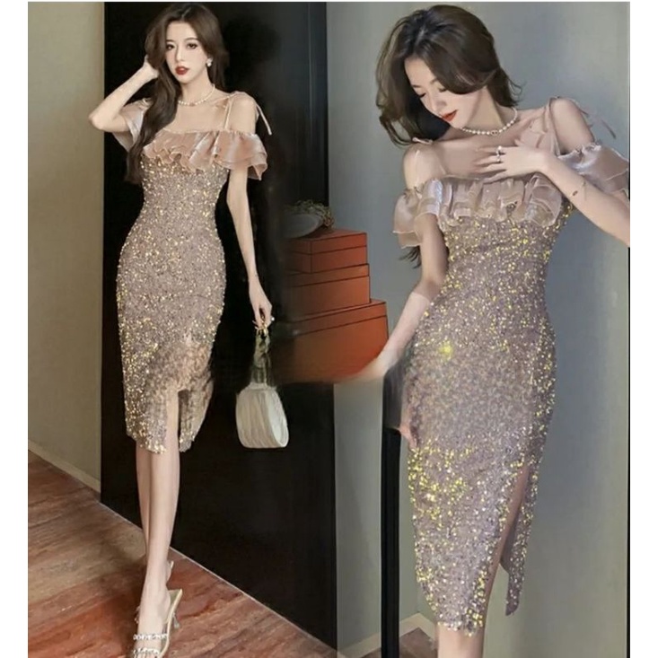 dress sequin gold sabrina rose gold dress emas ruffle gaun midi gown kostum acara pesta kondangan we