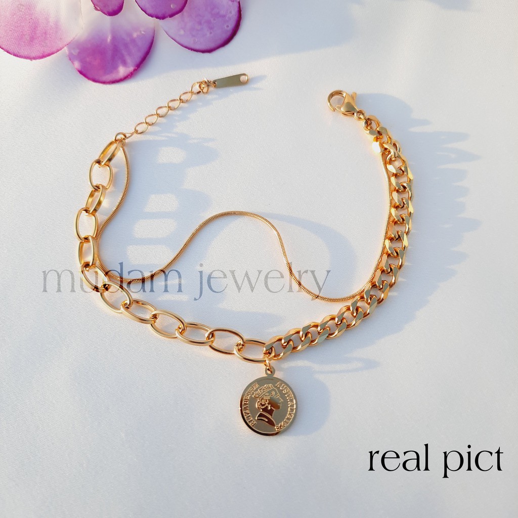 Gelang Titanium Rantai Combinasi 2 Leyer Model Vintage Queen Coin Tersedia Warna Rose Gold dan Gold