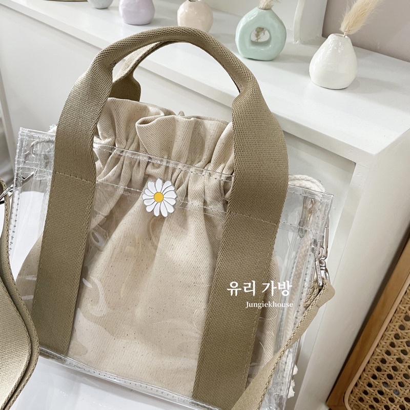 Yoori bag 유리 Khaki tas kanvas pvc transparan selempang wanita korea hampers