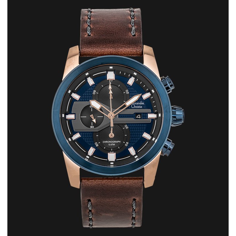 Jam Tangan Pria Alexandre Christie AC 6270 MC LURBUBO Chronograph Blue Dial Brown Leather Original