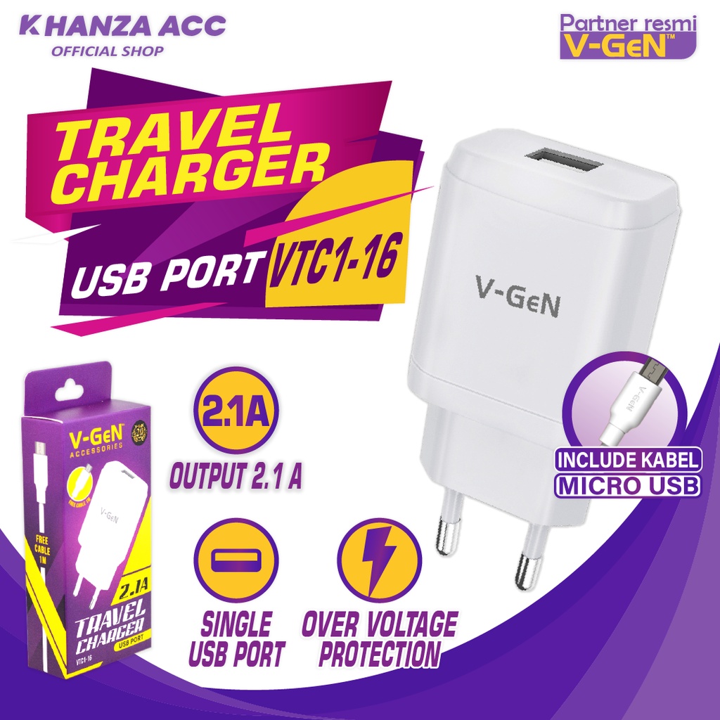 KHANZAACC VGEN VTC1-16 Travel Charger Single USB Port 2.1A Include Micro USB Cable