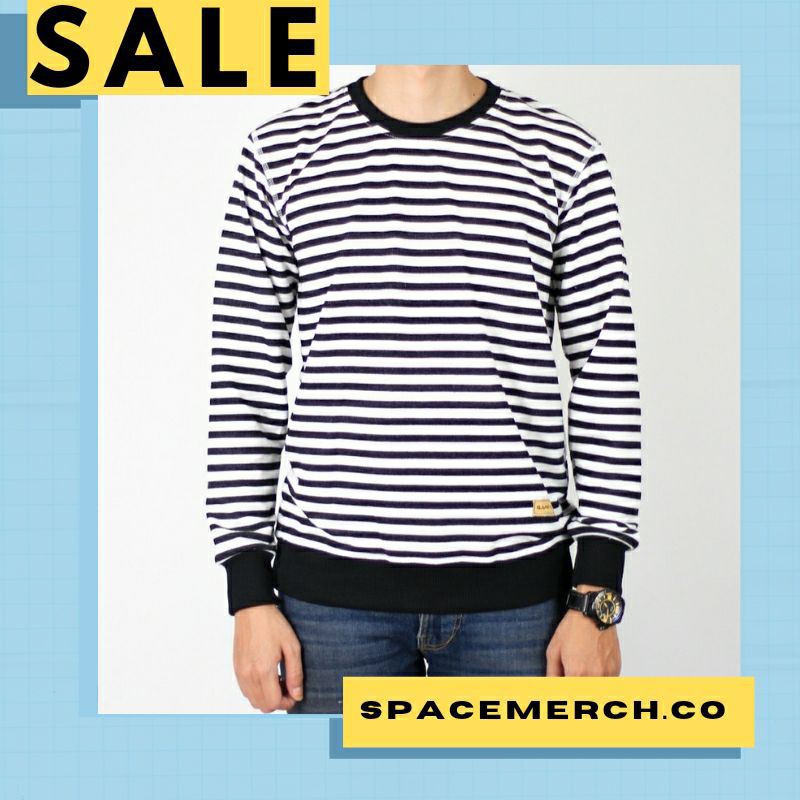 sweater crewneck pria salur hitam putih