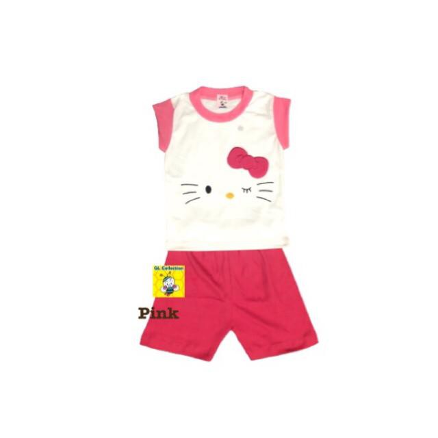 OBRAL! SETELAN KAOS PENDEK ANAK CEWEK BORDIR KITTY SIZE S M L (6BULAN - 4TAHUN) 100%KATUN