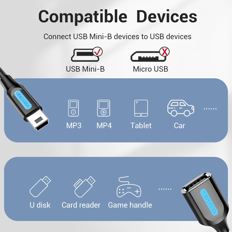 Vention Kabel Adapter Mini Usb Ke Usb Otg Kecepatan Tinggi 480mbps Male Ke Female Untuk Tablet / Mp3 / 4