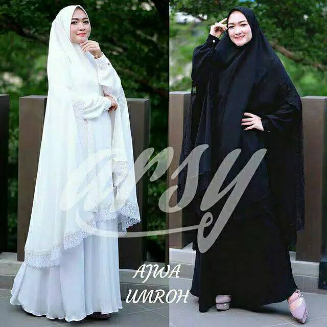 Ajwa syari by Arsy baju gamis haji umroh hitam putih polos renda ada  big size Ld 120 130 140