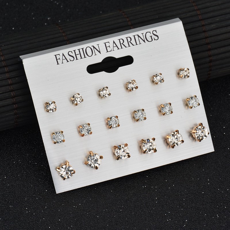 New Korean version of simple and generous earrings card imitation zirconium earrings one card 9 pairs set