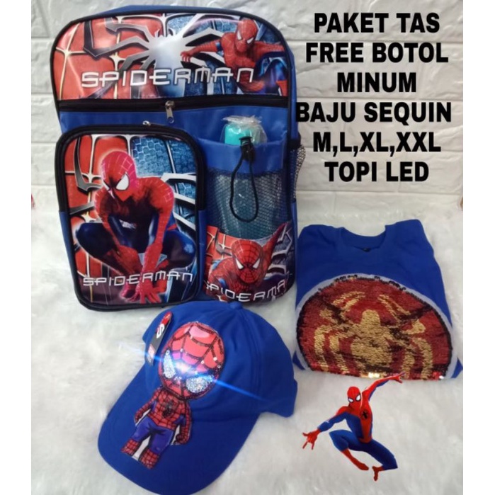 RANSEL TAS ANAK LAKI LAKI KARAKTER SPIDERMAN/BAJU SEQUIN/TOPI /JAM TANGAN SPIEDER/FREE BOTOL MINUM 4In1