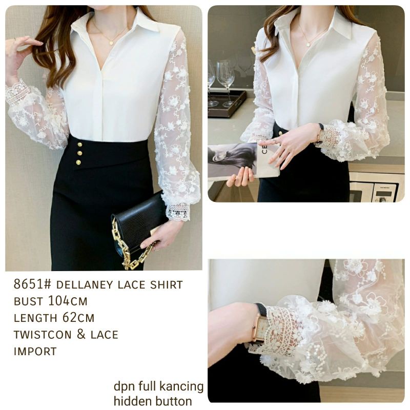 MDLV ~ 8651 Dellaney Lce Shirt Atasan Blouse Combi Lace Baju korea Combi Renda Rajut Fashion Import