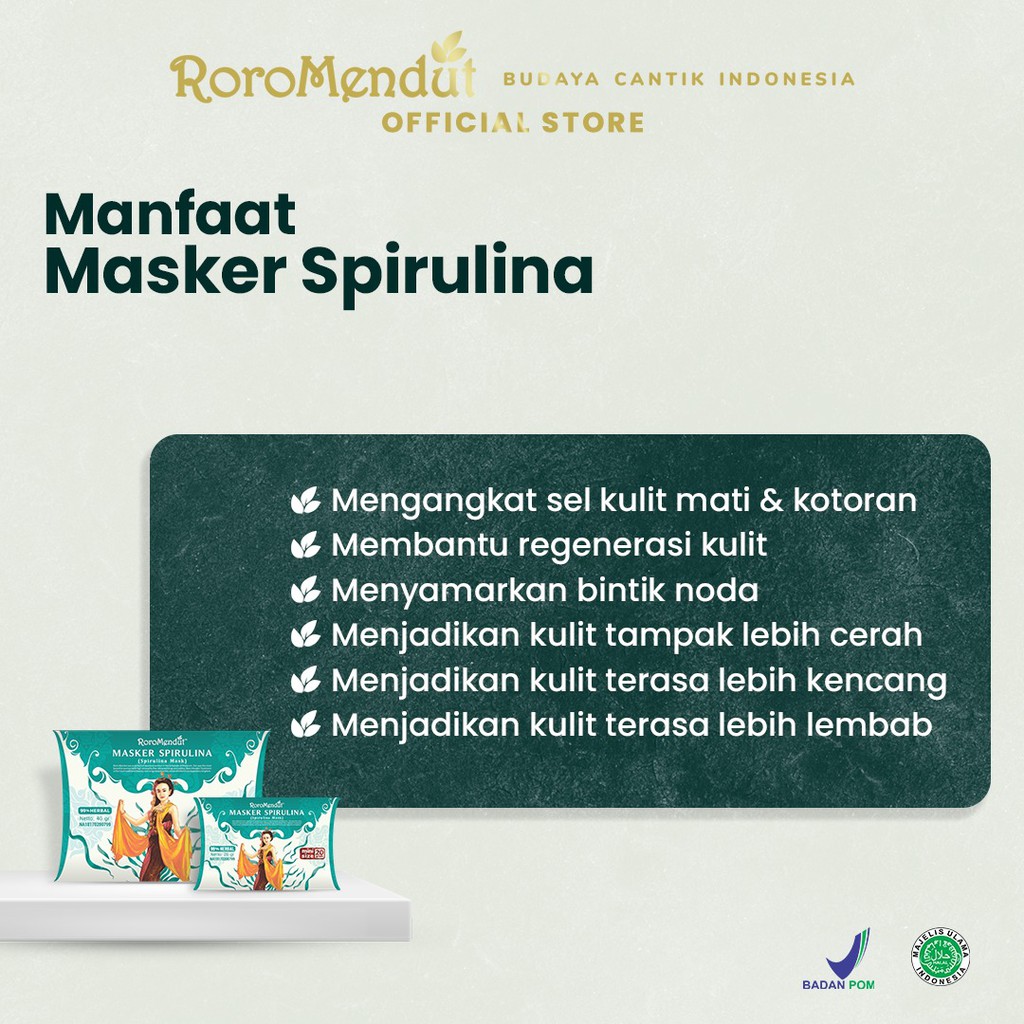 Roro Mendut Masker Spirulina Mini Size 20 gr Whitening Pemutih Wajah Penghilang Jerawat Bopeng Flek