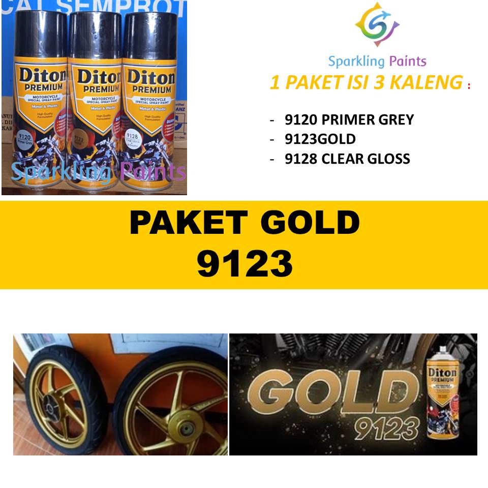 Paket Lengkap Cat Pilox Diton Premium 9123 Gold Solid Warna Emas Standar 400cc semprot aerosol pylox