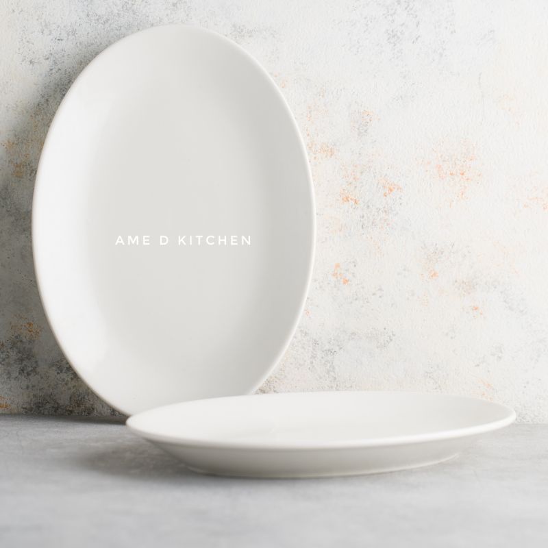 Piring saji oval keramik putih bijian tebal