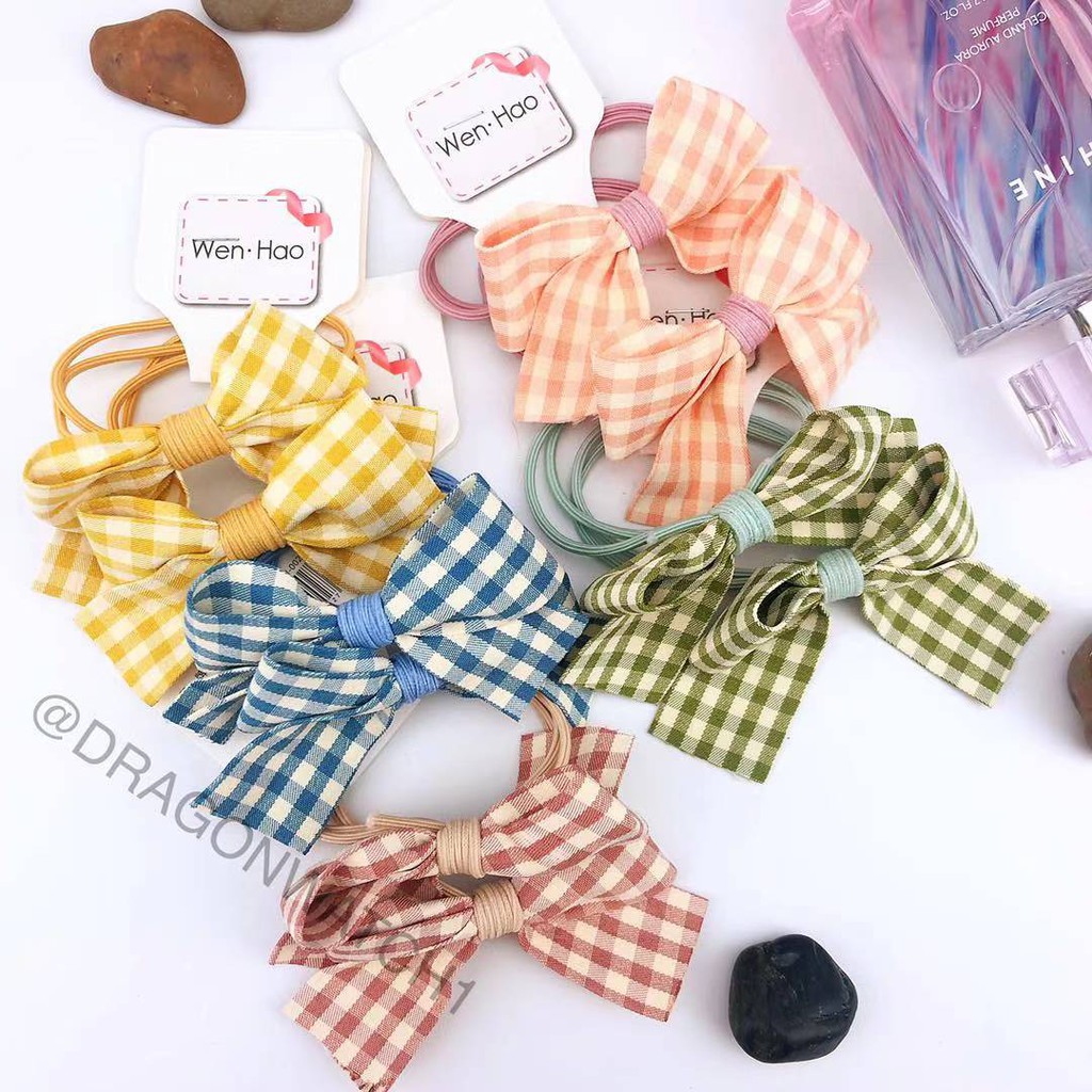 [Fashion Wanita] Ikat rambut 2pcs kain kotak-kotak busur elastis karet rambut kualitas import   T017