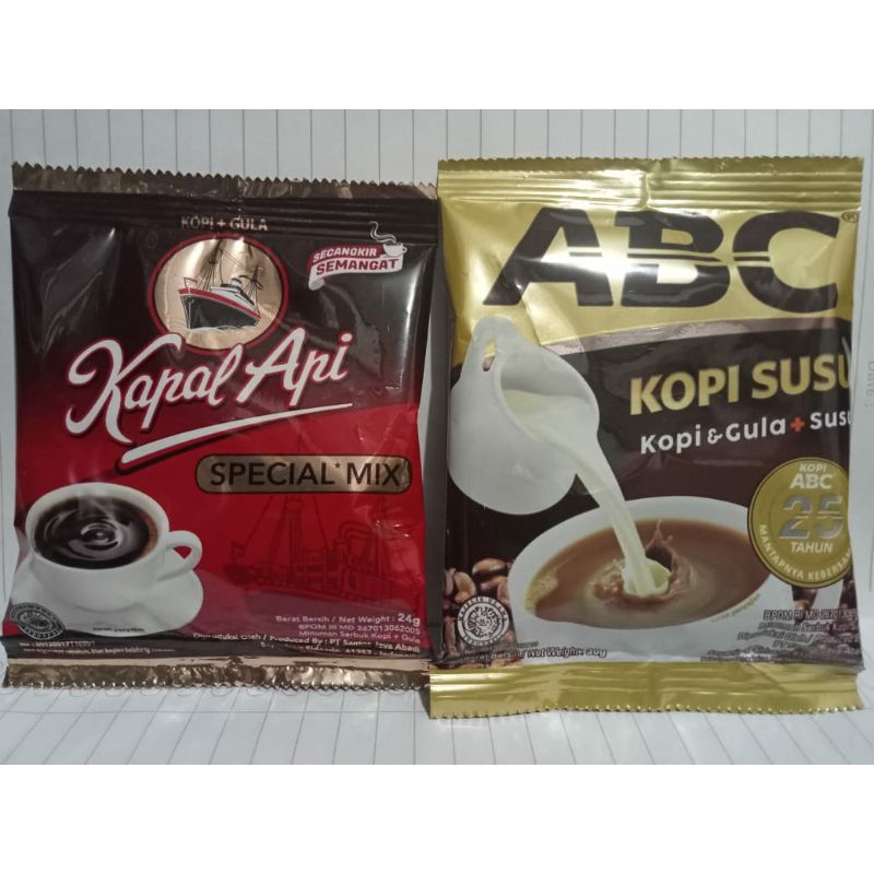 

ABC SUSU 30g.1 REC ISI 10 SASET DAN KAPAL API SPECIAL MIK 24 g.1REC ISI 10 SASET