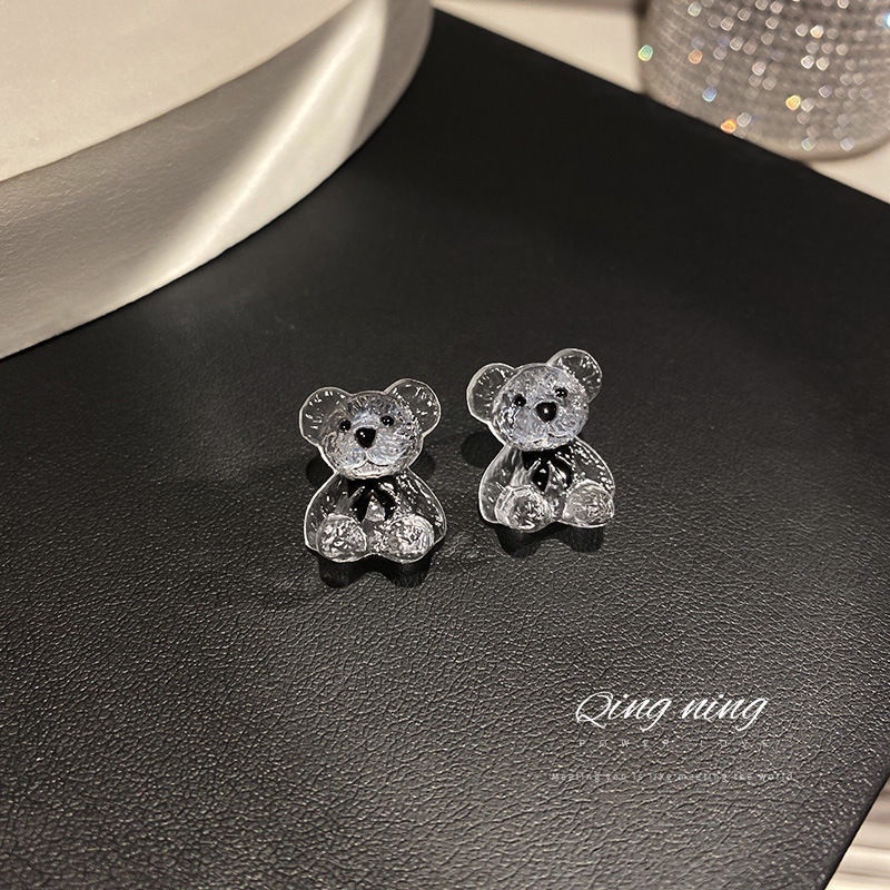 S jarum perak Korea sederhana gaya anting-anting anting-anting pribadi transparan bear anting-anting