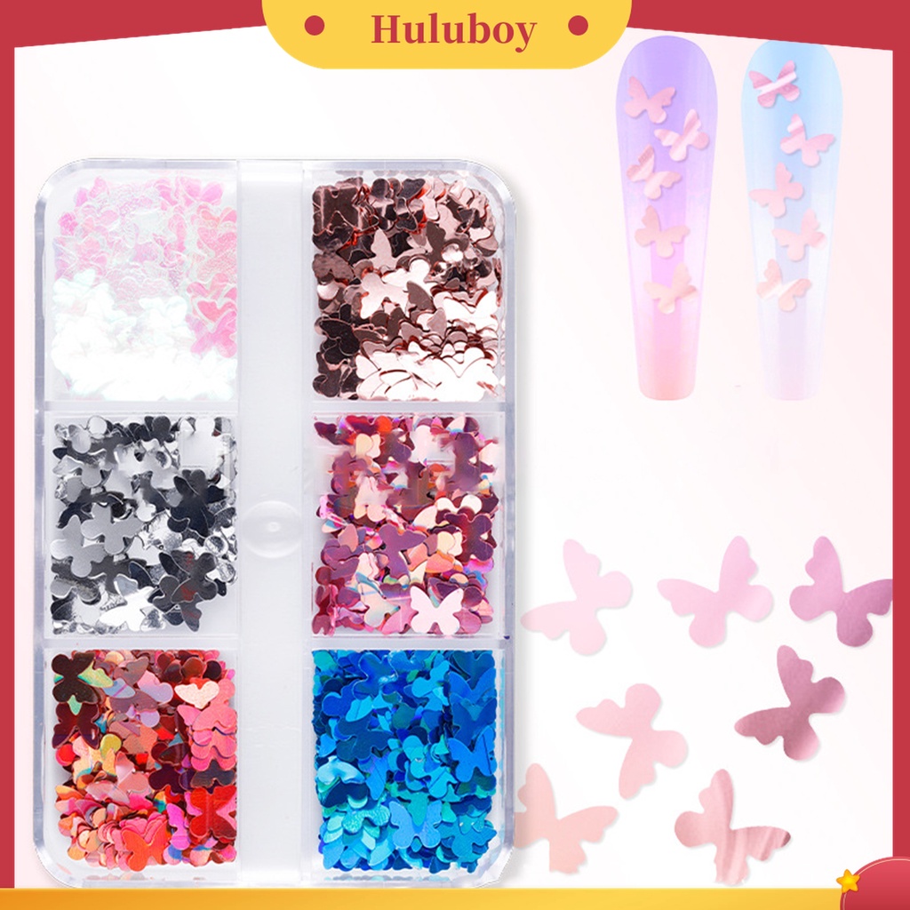 Huluboy Huluboy♡ 6 Grid / Kotak Sequin Bentuk Kupu-Kupu Untuk Nail Art Butterfly