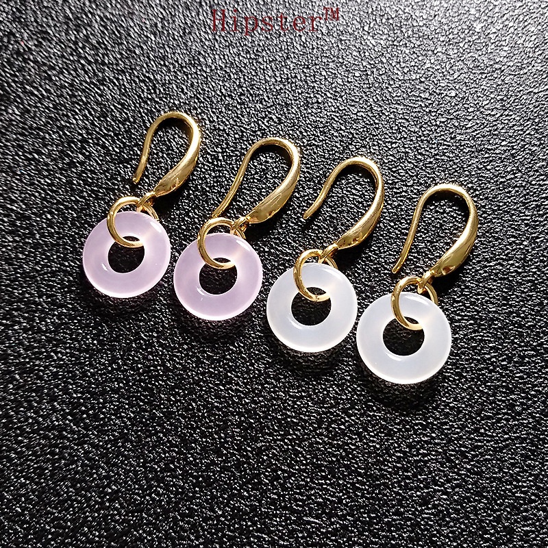 Light Luxury round White Jade Hibiscus Stone Powder Yuping Buckle Ear Hook