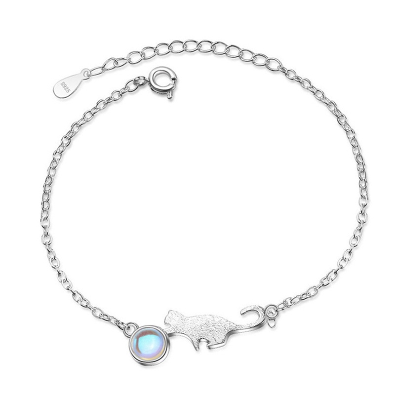 Fancyqube Gelang Tangan Sterling Silver 925 Desain Hewan Kucing Lucu Hias Kristal Moonstone Untuk Wanita