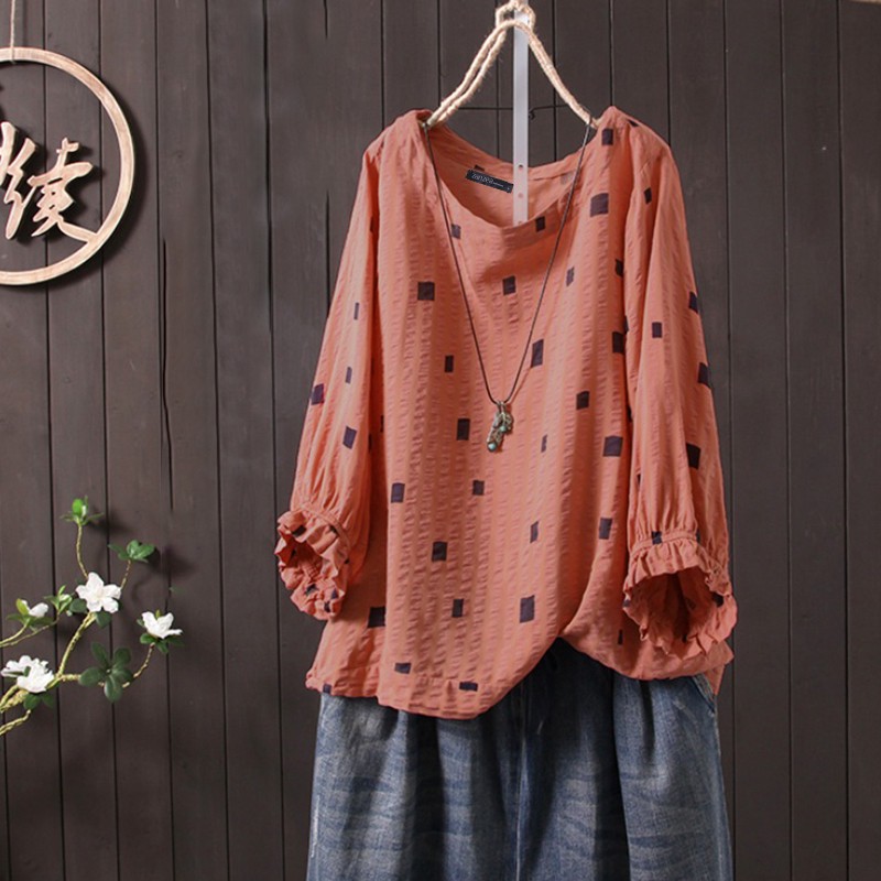 PAKAIAN PEREMPUAN BLOUSE   ZANZEA Blus Casual Crew Neck Lengan Panjang Motif Polkadot untuk Wanita