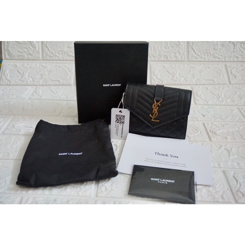 (Brand New) Saint Laurent YSL Envelope Compact Tri Fold Wallet Black Grained
