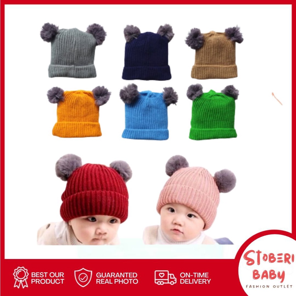 stoberi baby - KUPLUK DOUBLE POM (B) Topi Anak Lucu Model Kupluk Usia 0 Sampai 3 Tahun Kualitas Terbaik