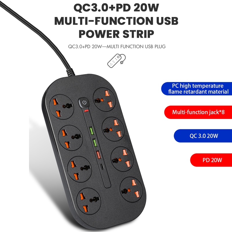 Power Strip Stop Kontak Listrik Extension USB Tipe C 20W QC Plug Euusuk Untuk Komputerhandphone