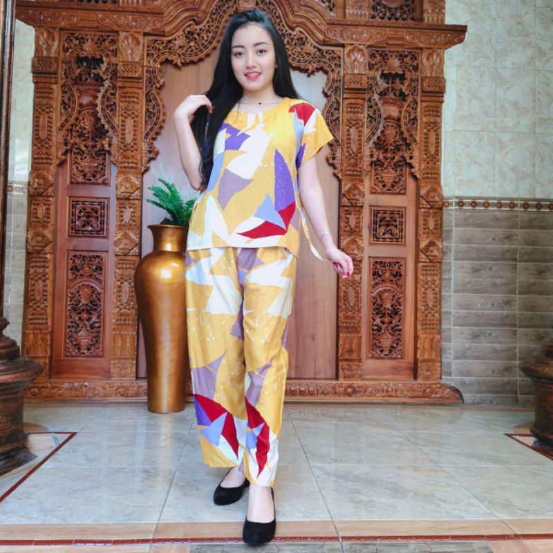 Setelan Celana Panjang One Set Piyama Bali Ethnic Batik-JStrip Mustard