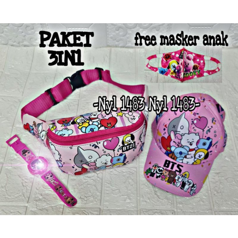 PAKET HEMAT 3IN1 TAS SELEMPANG WAISTBAG ANAK BT21 FREE TOPI ANAK KARAKTER DAN JAM TANGAN