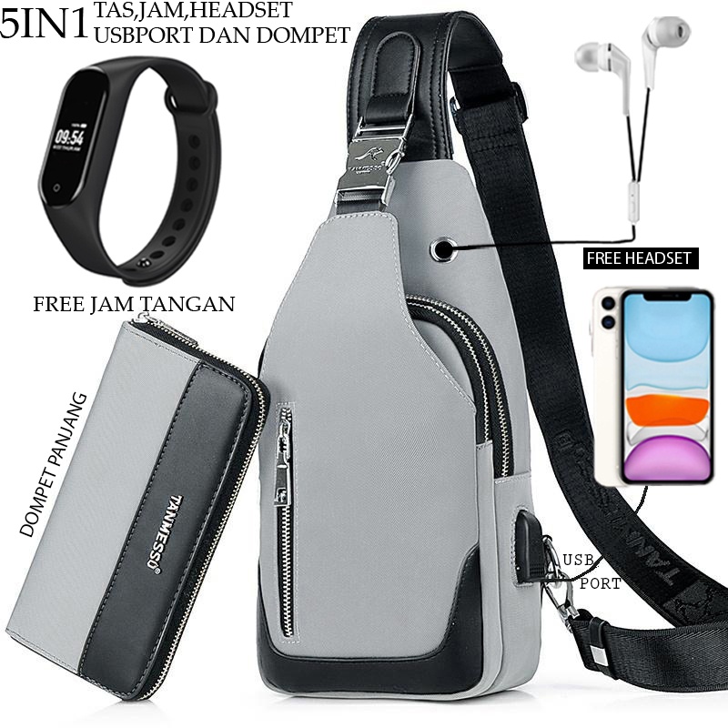 Tanmesso 5in1 BAYAR DITEMPAT- JAM LED,DOMPET &amp; USBPORT&amp;HEADSET-TAS WATERPROOF TAS SELEMPANG PRIA