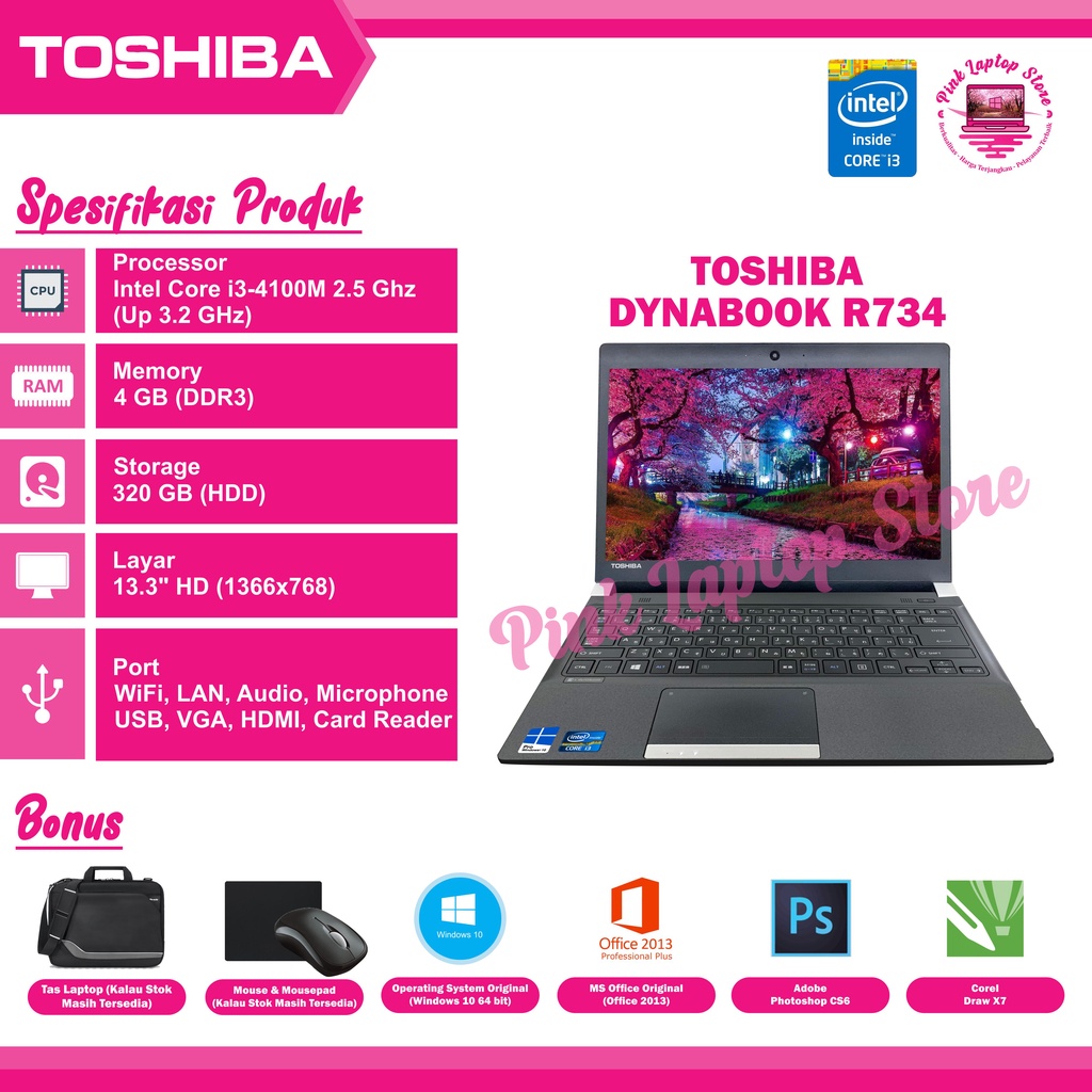 ObralLaptopMurah,ToshibaR734,Corei3Gen4,Ram4GB,HDD320GB,Kamera,DVD,Design,Win10x64activated