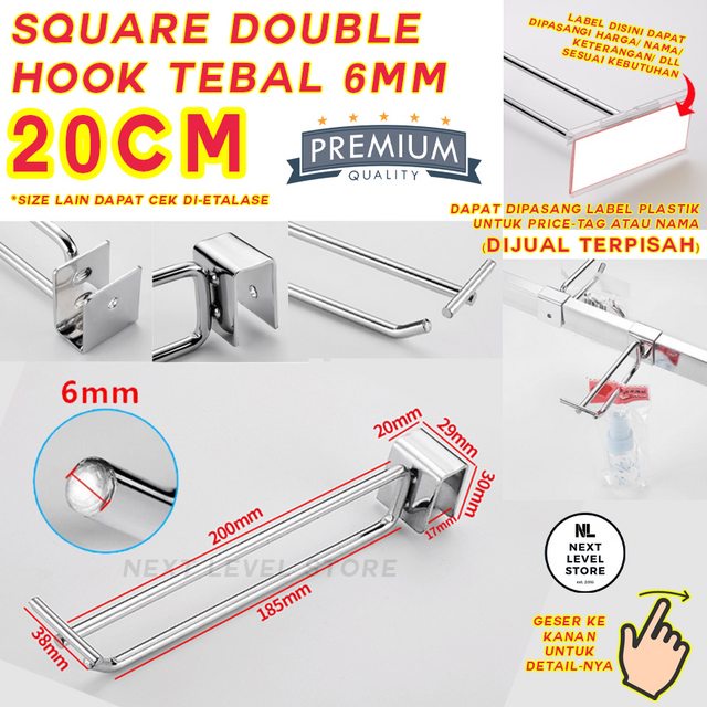 Single Hook Label Double Kotak Ram 20 CM TEBAL 6mm Stainless Cantolan Display Square Pipa Label Harga Price Tag - LINK GROSIR