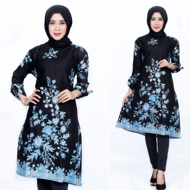 Batik couple keluarga modern terbaru set couple batik keluarga gamis jumbo cibulan biru-Tunik