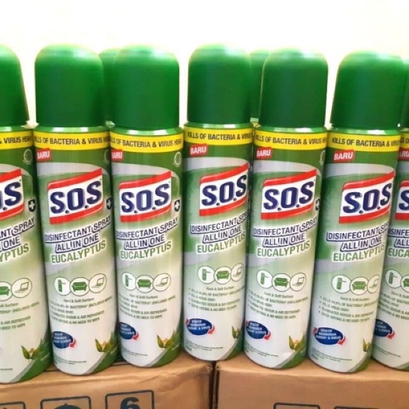 SOS Disinfectant Spray All in One Eucalyptus &amp; Lemongrass AEROSOL 250ml Disinfektan Udara 250 ml Air Sanitizer Anti Virus, Bakteri &amp; Kuman Anti Bacterial Desinfektan Ruangan Desinfectant Semprot Seperti Saniter Cap Lang