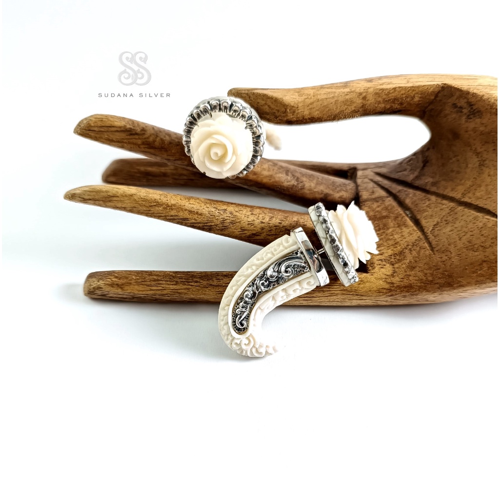 Anting Subeng Mawar Putih Perak 925 Handcarving Bali