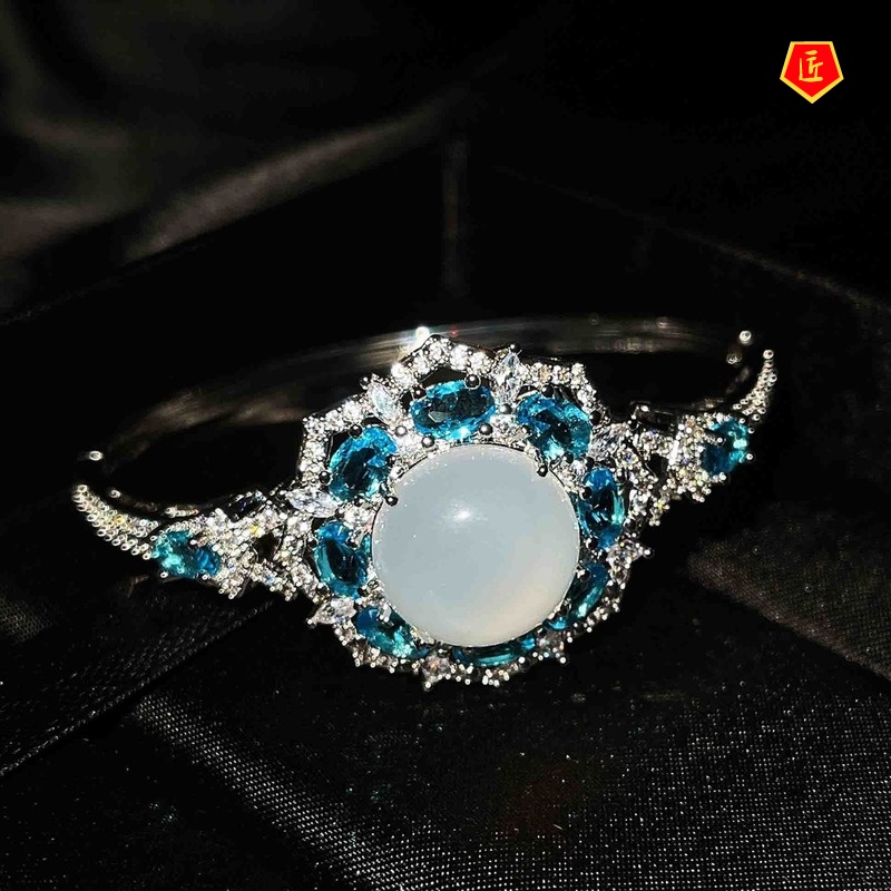 [Ready Stock]Luxury Full Diamond Natural White Chalcedony Bracelet