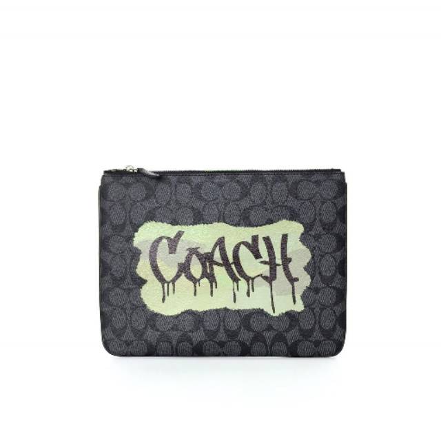 Coach men Large Pouch in with Graffiti Signature canvas black antique nickel original authentic asli