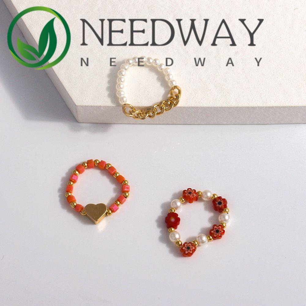 Needway  Cute Beaded Rings Trendy Women Ring Finger Ring Set Pearl Flower Elastic Bohemia Sweet Acrylic Party Jewelry/Multicolor