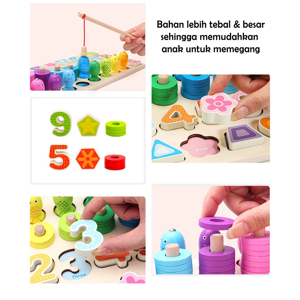 5 In 1 Mainan Kayu Edukasi Anak Puzzle Wooden Toy Toys Hadiah Kado Mancing Fishing