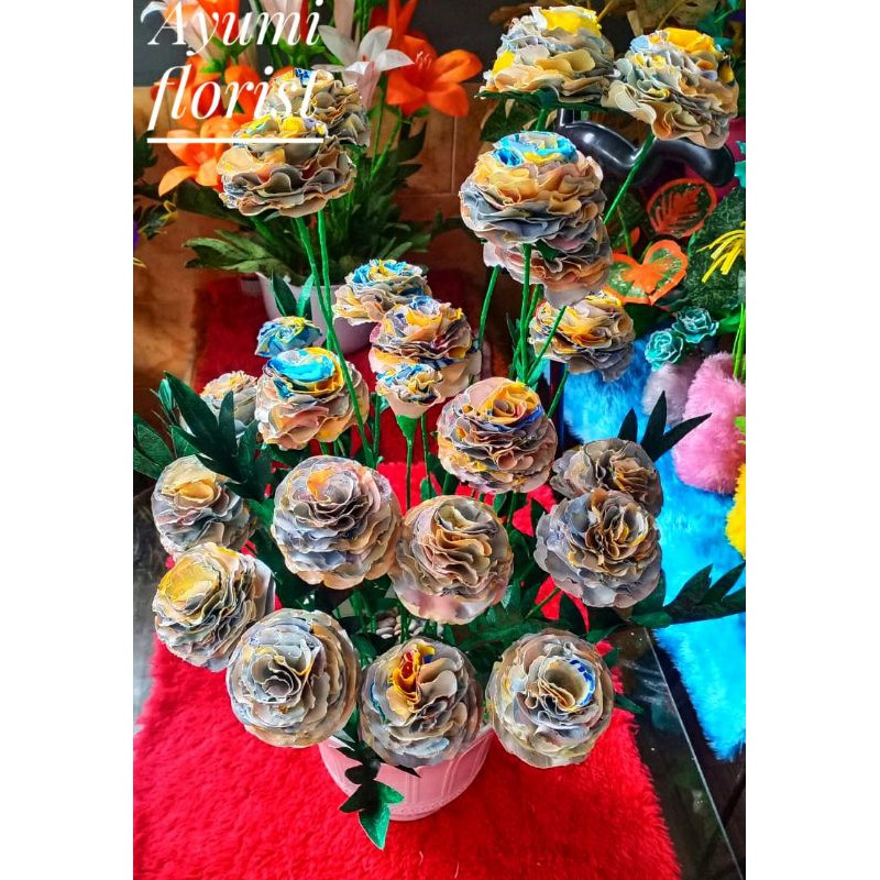 bunga hias marigold palsu dari plastik kresek, extra jumbo untuk sudut ruangan handmade