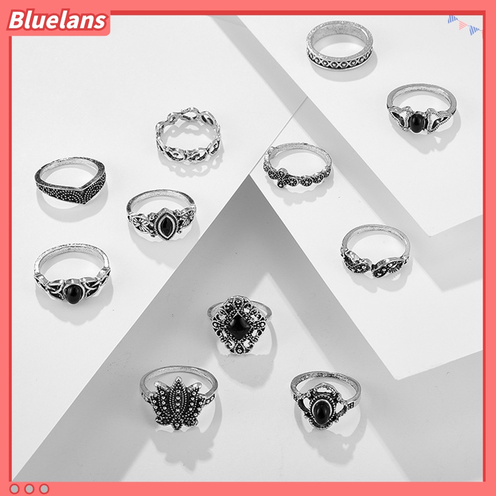 Bluelans 11Pcs / Set Cincin Motif Ukiran Bunga Teratai / Tetesan Air Aksen Hollow + Batu Permata Imitasi Untuk Wanita