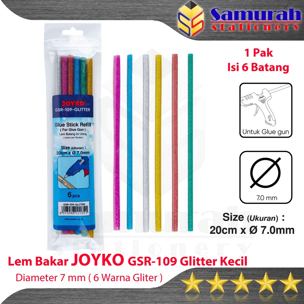 

Lem Bakar Joyko GSR 109 Glitter Ukuran Kecil 1 Pak isi 6 pcs / Small Hot Glue Gun Refill Diameter 7 mm GSR-109 Set isi 6 warna Metalik / Lem Stik Panas Leleh panjang 20 cm