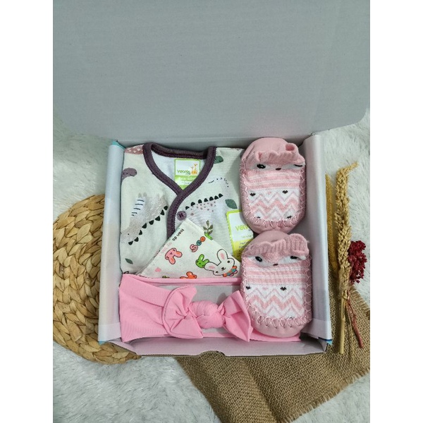 Hampers Kado Bayi Baru Lahir Newborn 0-3 bulan Velvet junior Libby  Baju  Bayi Cewek Cowok-Southern Dino pink